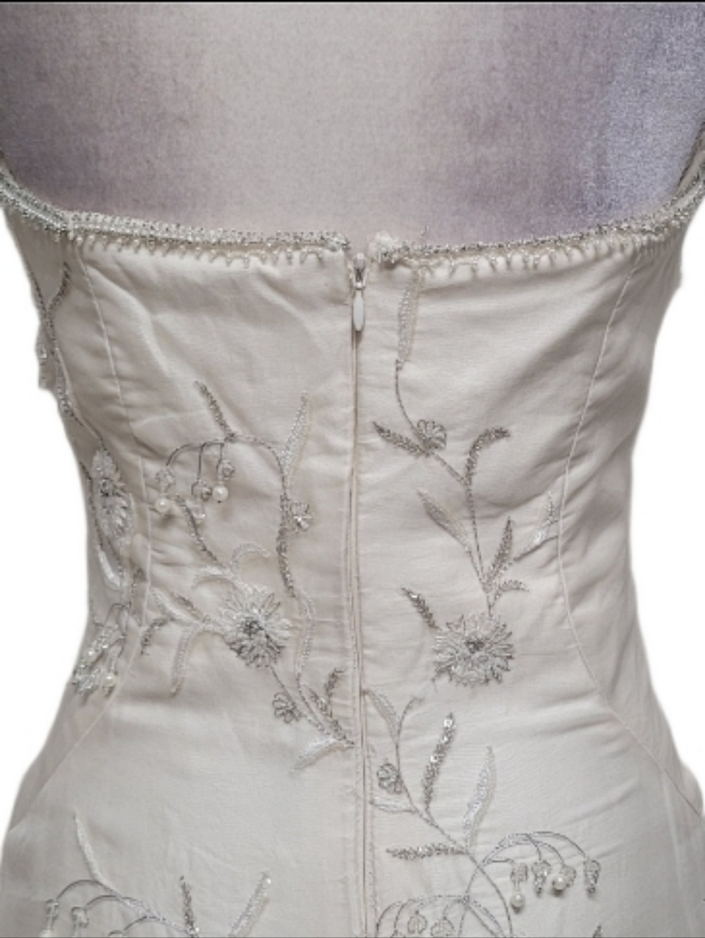 90s Vintage Lazaro Cream Silk Floral Embroidered Pearl Strapless Column Dress 10 - Picture 8 of 13